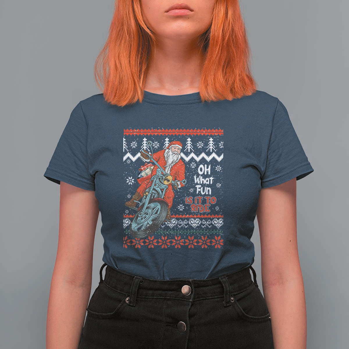 Biker Santa Claus T Shirt For Women Christmas Motorcycle Oh What Fun It Is To Ride Ugly Sweater - Wonder Print Shop