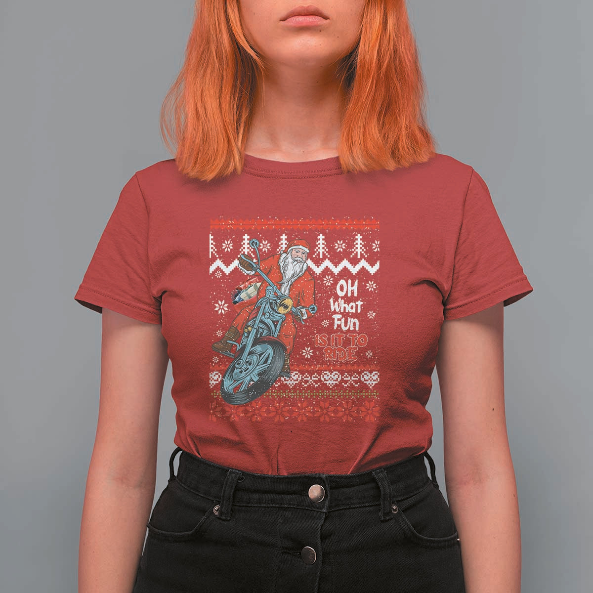 Biker Santa Claus T Shirt For Women Christmas Motorcycle Oh What Fun It Is To Ride Ugly Sweater - Wonder Print Shop