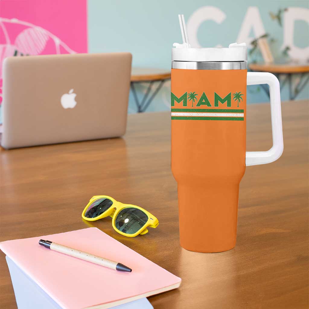 Retro Miami Palm Tree Tumbler With Handle Vintage South Florida Pride Distressed Orange and Green