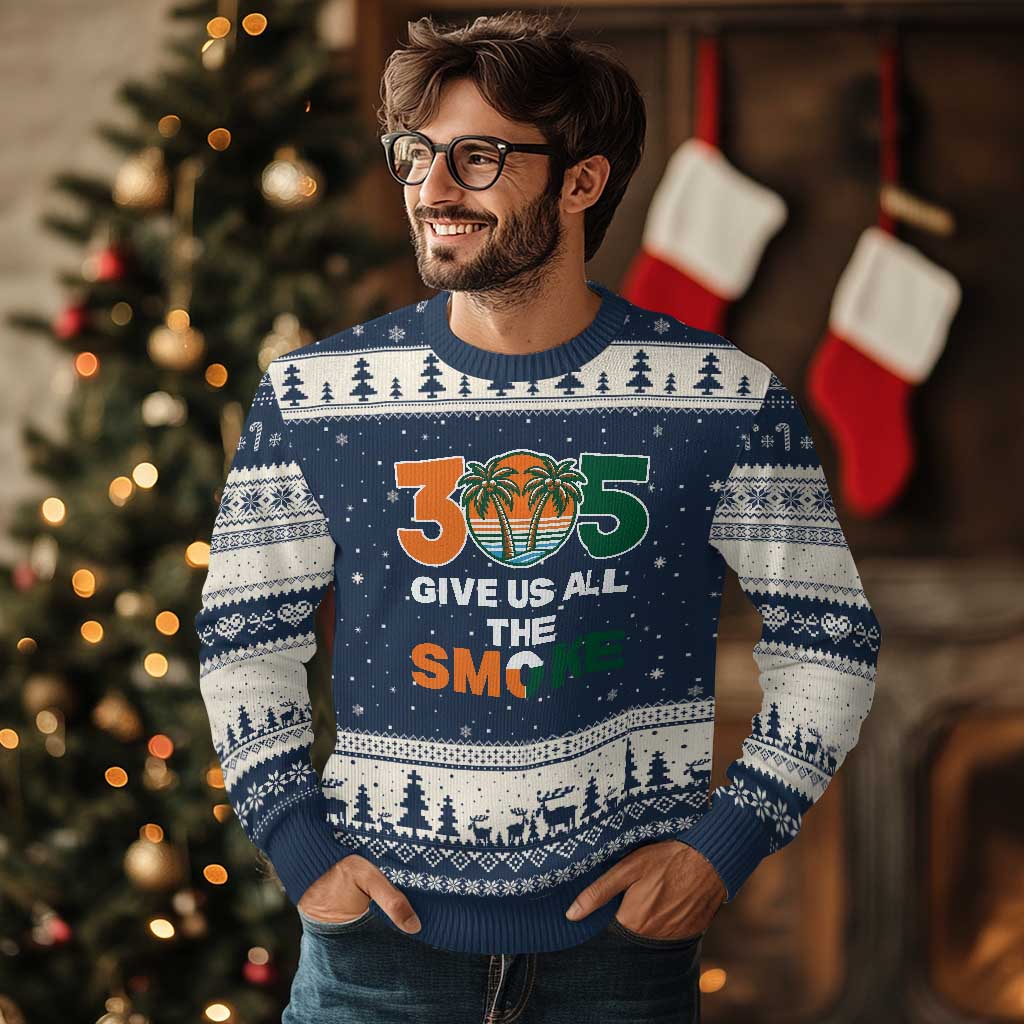 305 Give Us All the Smoke Ugly Christmas Sweater Miami Fan South Florida Pride