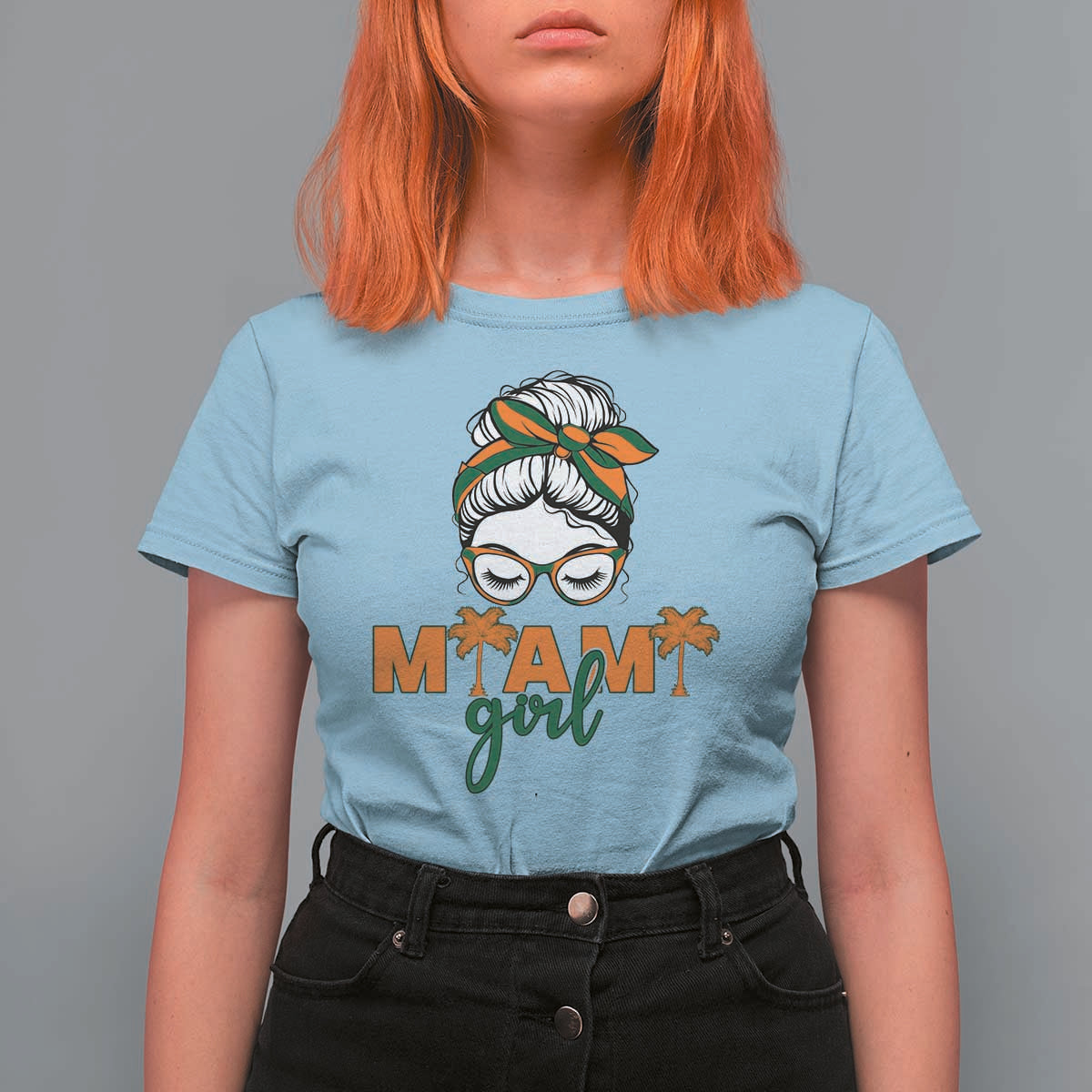 Miami Girl Messy Bun Bandana T Shirt For Women South Florida Pride Palm Trees