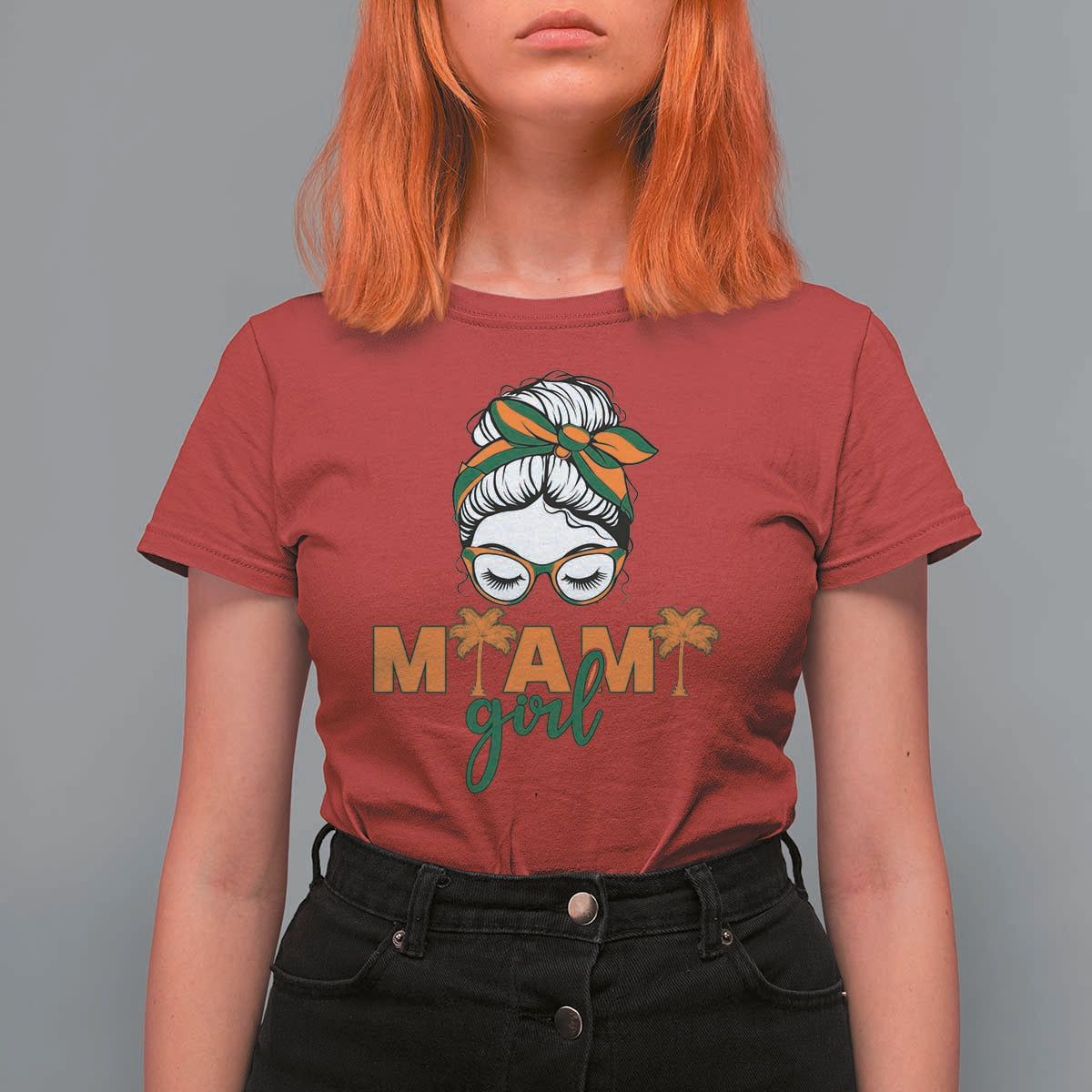 Miami Girl Messy Bun Bandana T Shirt For Women South Florida Pride Palm Trees