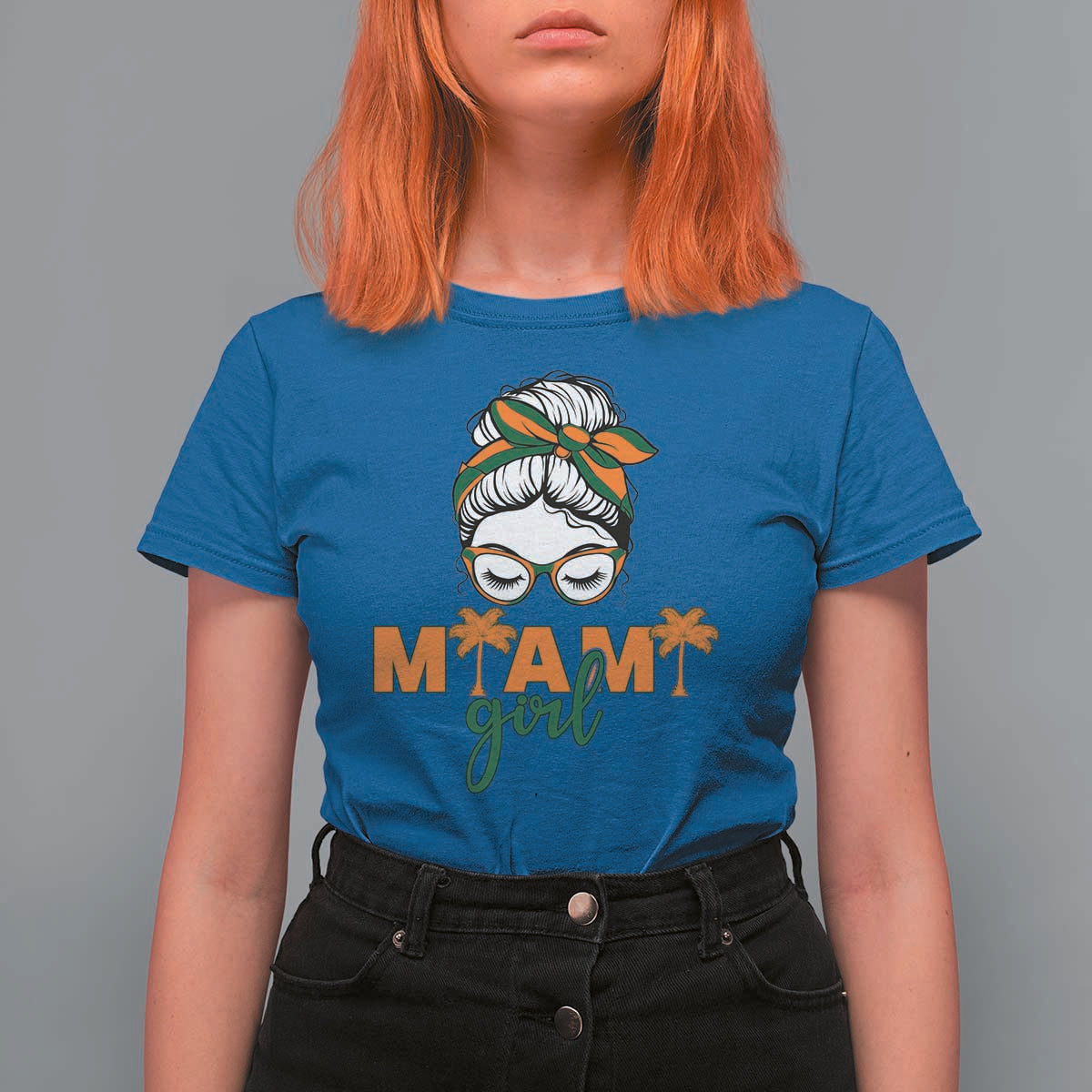 Miami Girl Messy Bun Bandana T Shirt For Women South Florida Pride Palm Trees