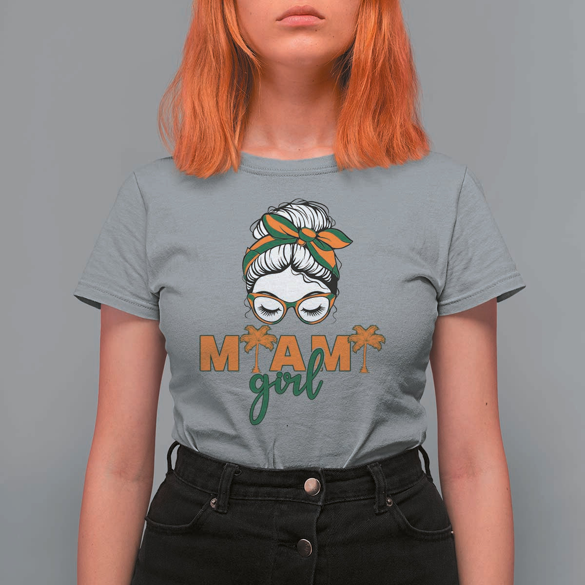 Miami Girl Messy Bun Bandana T Shirt For Women South Florida Pride Palm Trees