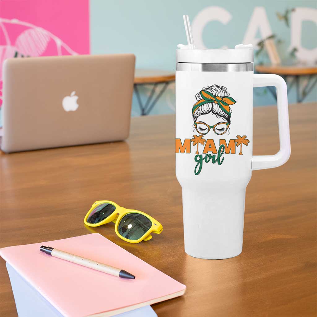 Miami Girl Messy Bun Bandana Tumbler With Handle South Florida Pride Palm Trees