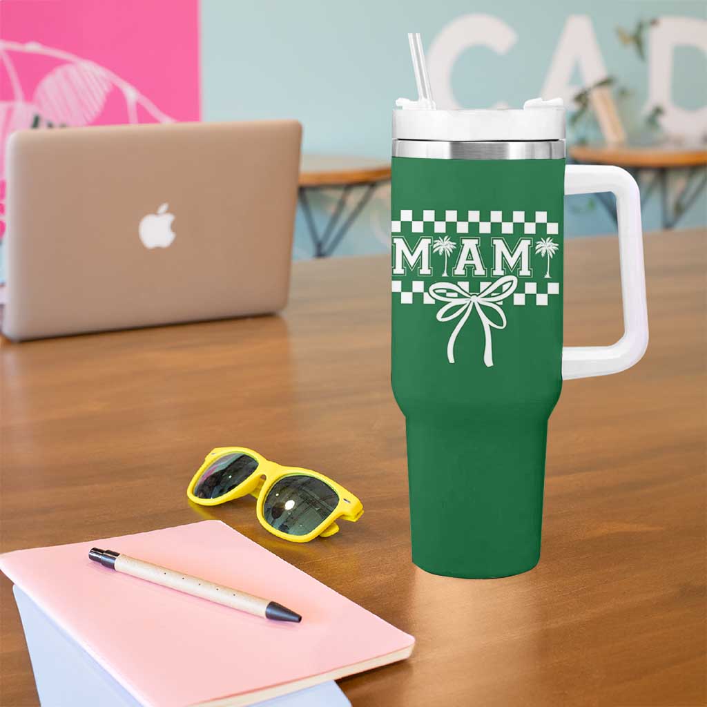 Preppy Miami Bow Aesthetic Tumbler With Handle Cute Checkered Palm Tree College Girl