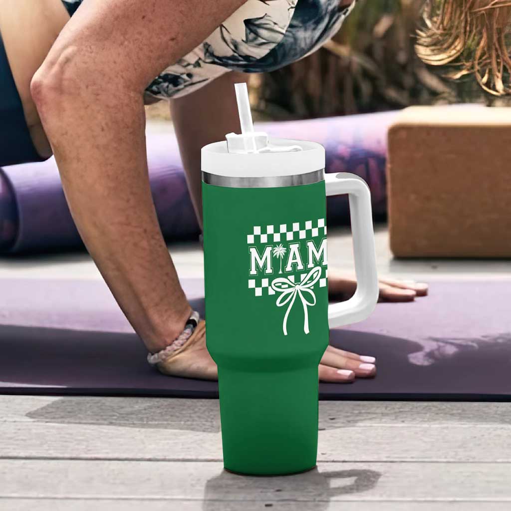 Preppy Miami Bow Aesthetic Tumbler With Handle Cute Checkered Palm Tree College Girl