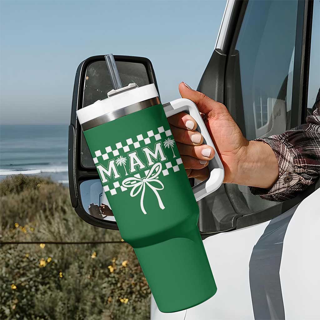 Preppy Miami Bow Aesthetic Tumbler With Handle Cute Checkered Palm Tree College Girl