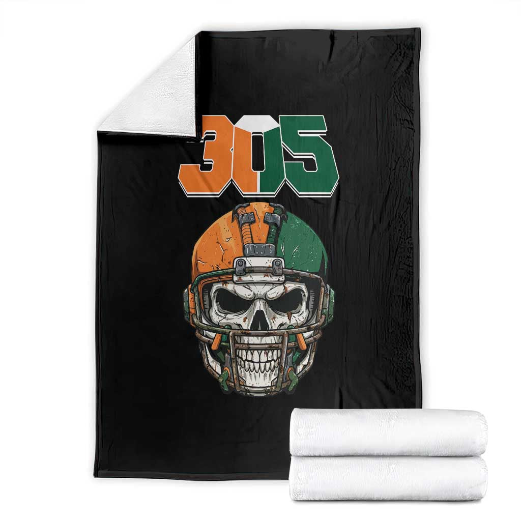 305 Football Warrior Skull Throw Blanket Orange and Green Miami Vibes