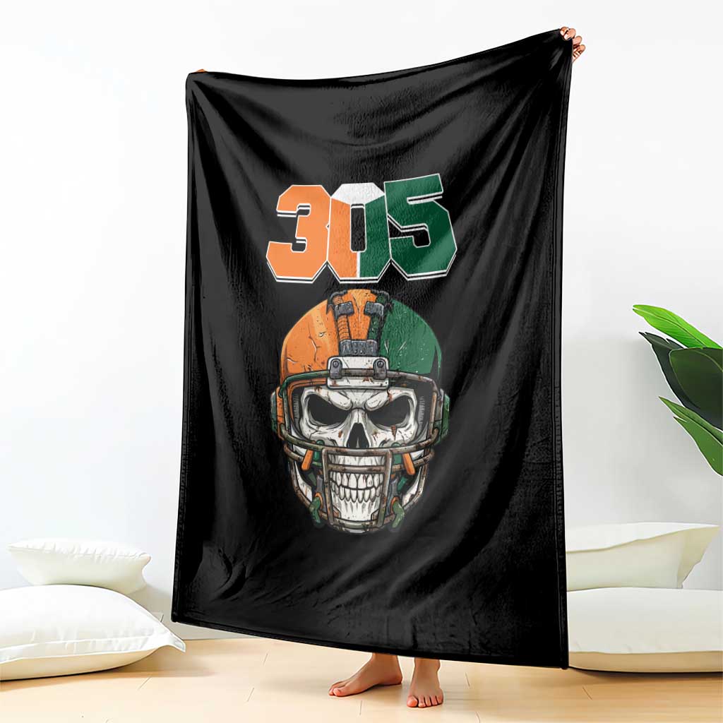 305 Football Warrior Skull Throw Blanket Orange and Green Miami Vibes