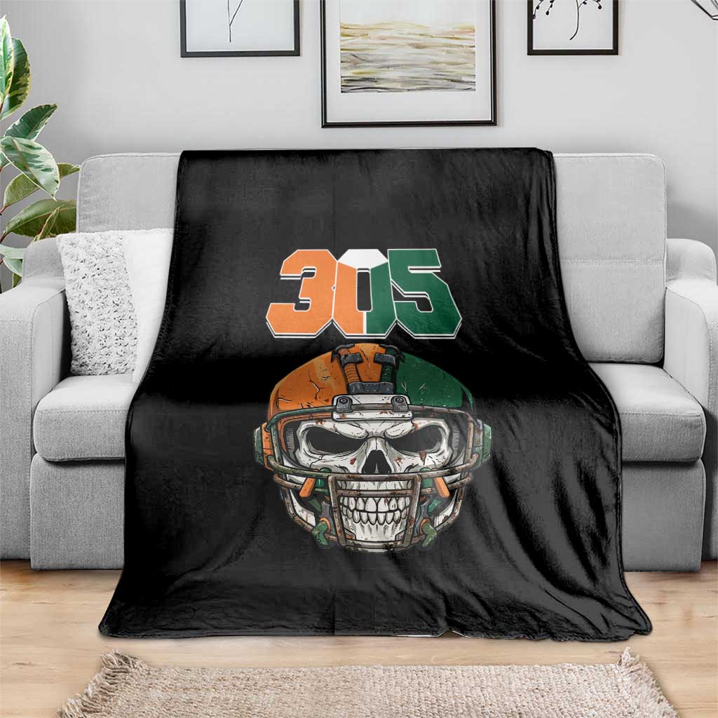 305 Football Warrior Skull Throw Blanket Orange and Green Miami Vibes