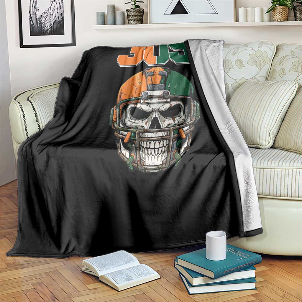 305 Football Warrior Skull Throw Blanket Orange and Green Miami Vibes