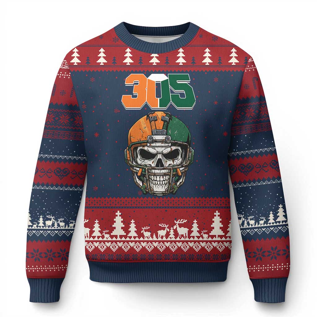 305 Football Warrior Skull Ugly Christmas Sweater Orange and Green Miami Vibes