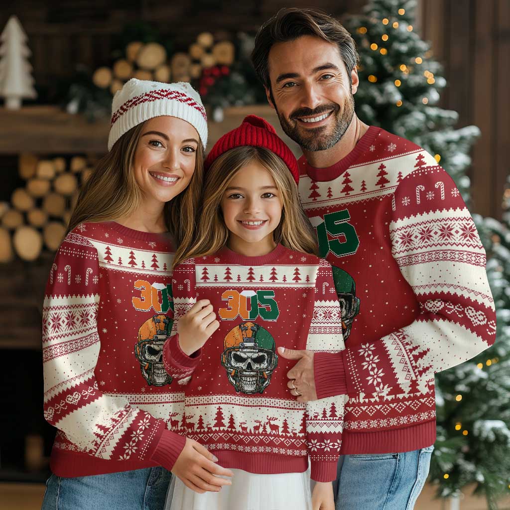 305 Football Warrior Skull Ugly Christmas Sweater Orange and Green Miami Vibes