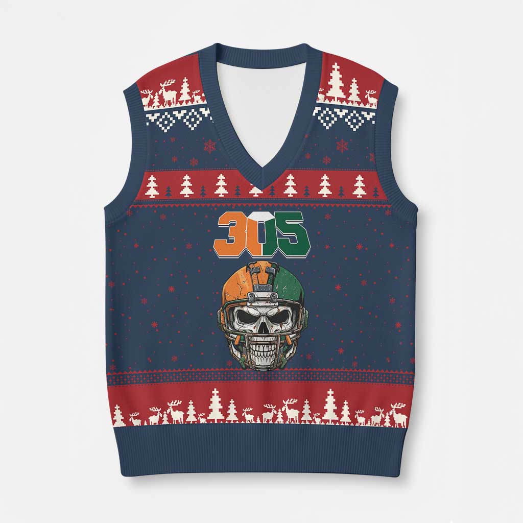 305 Football Warrior Skull V-Neck Knit Sweater Vest Orange and Green Miami Vibes