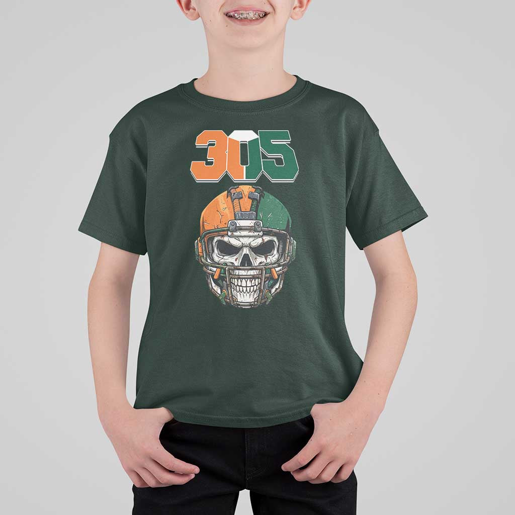 305 Football Warrior Skull T Shirt For Kid Orange and Green Miami Vibes