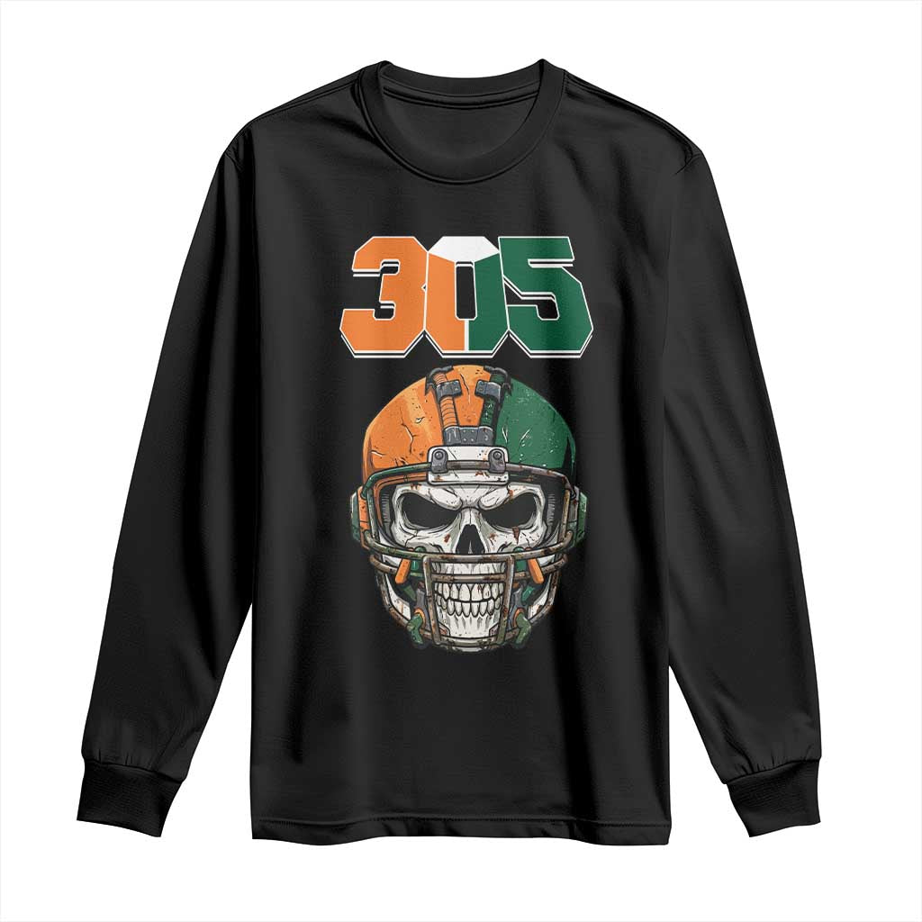 305 Football Warrior Skull Long Sleeve Shirt Orange and Green Miami Vibes