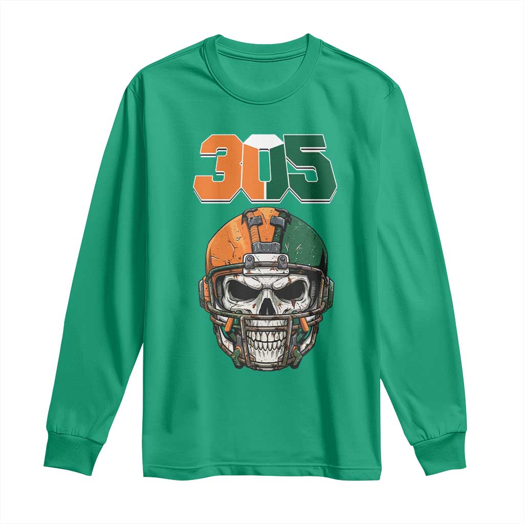 305 Football Warrior Skull Long Sleeve Shirt Orange and Green Miami Vibes