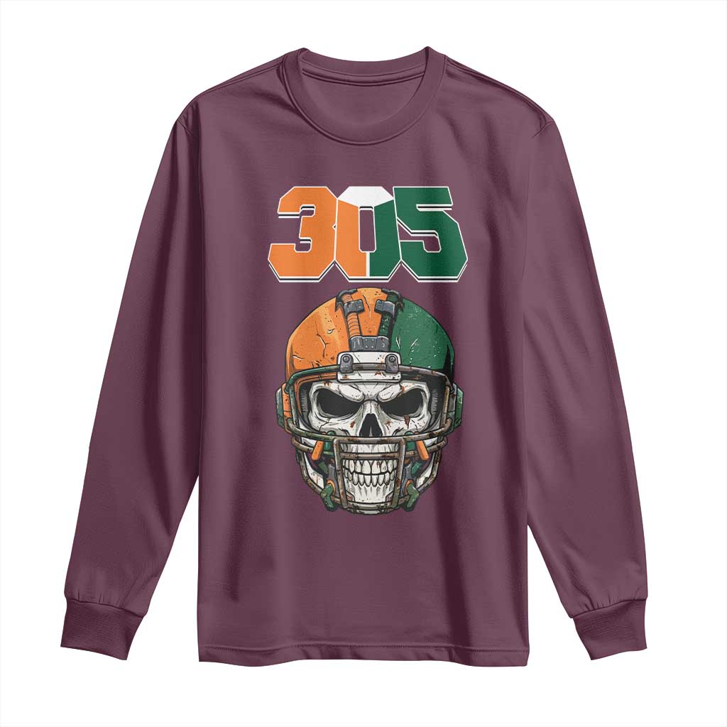 305 Football Warrior Skull Long Sleeve Shirt Orange and Green Miami Vibes