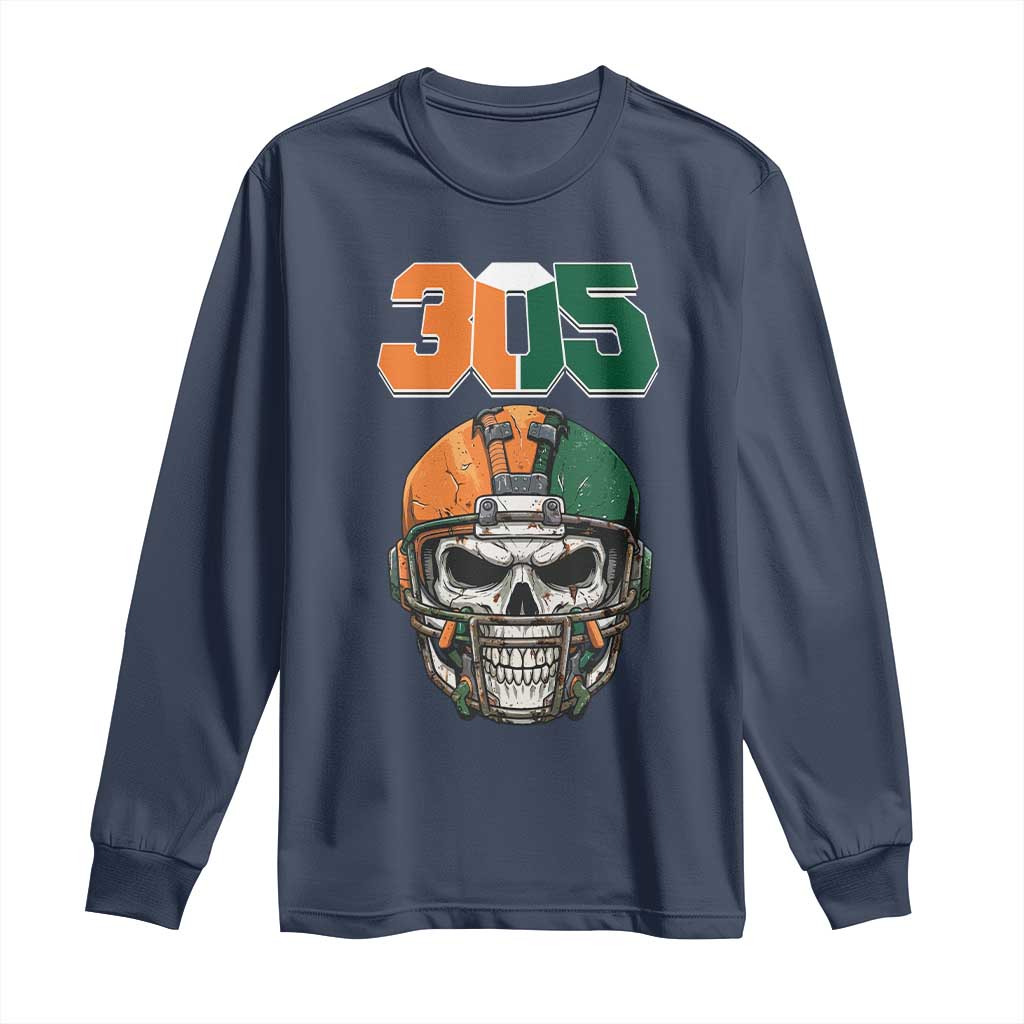 305 Football Warrior Skull Long Sleeve Shirt Orange and Green Miami Vibes