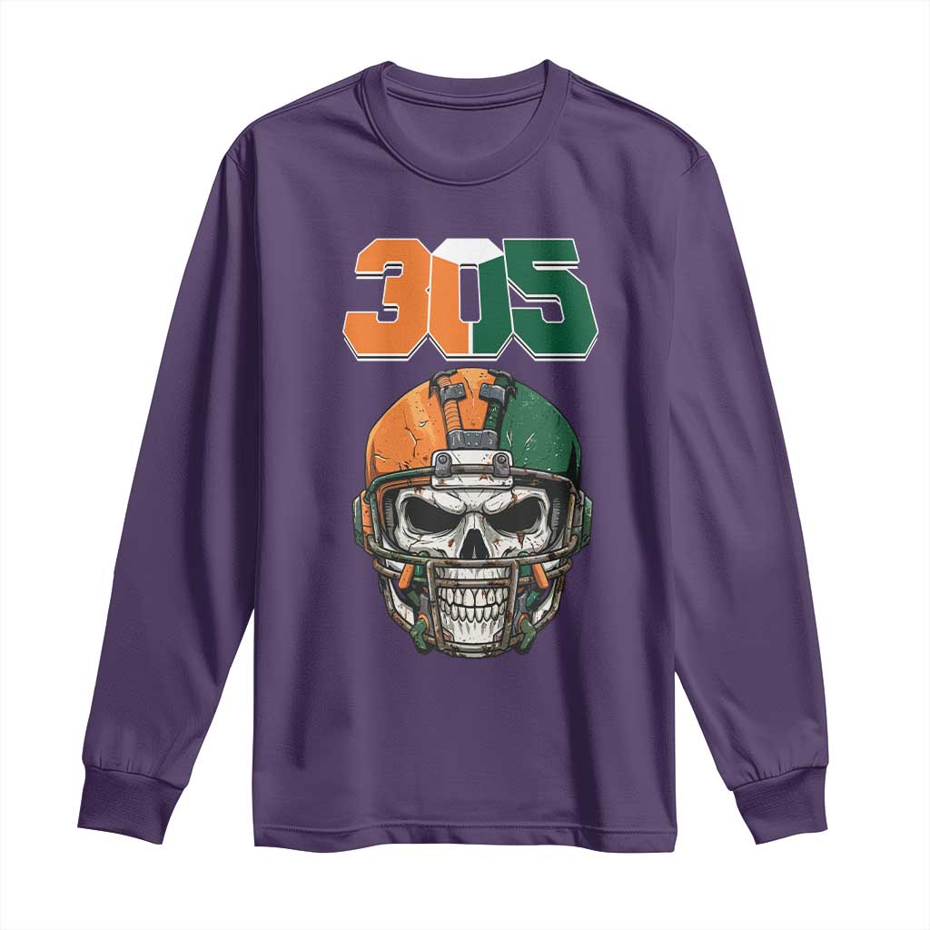 305 Football Warrior Skull Long Sleeve Shirt Orange and Green Miami Vibes