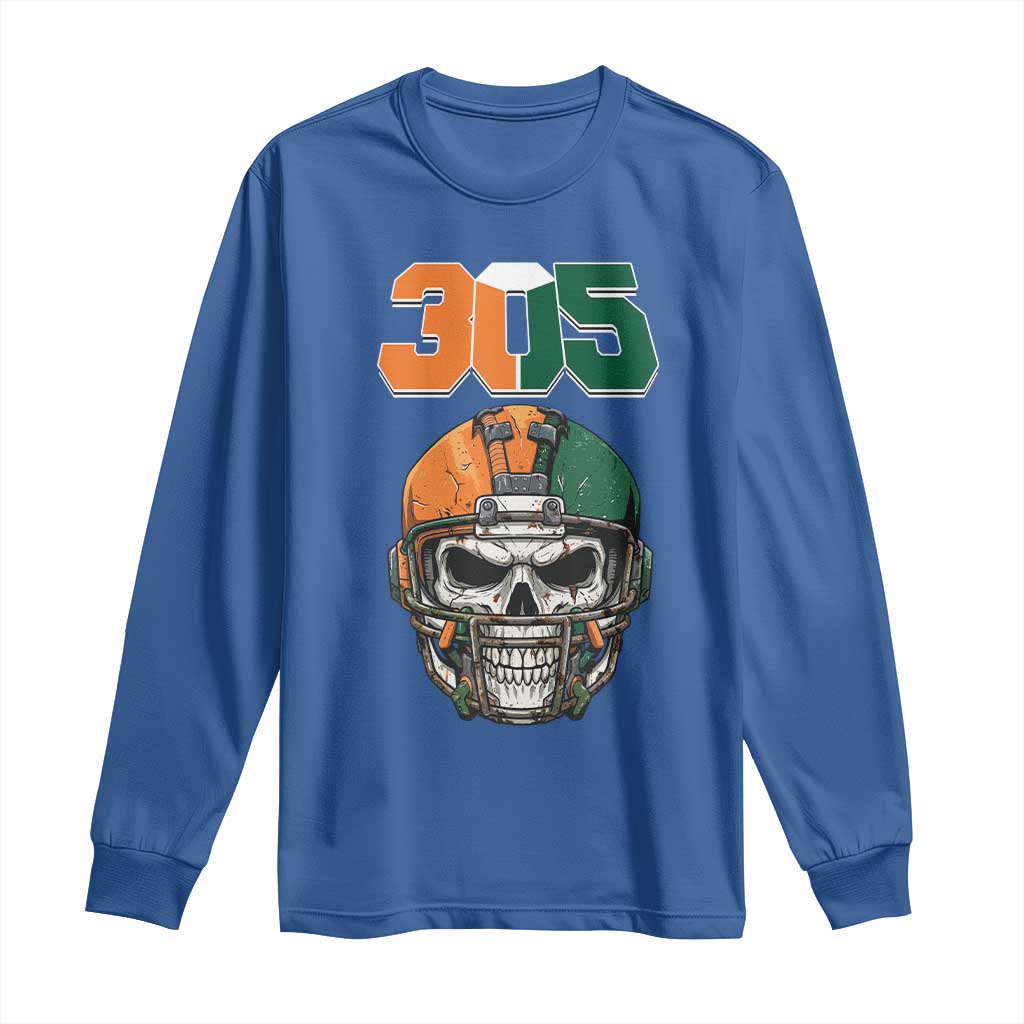 305 Football Warrior Skull Long Sleeve Shirt Orange and Green Miami Vibes
