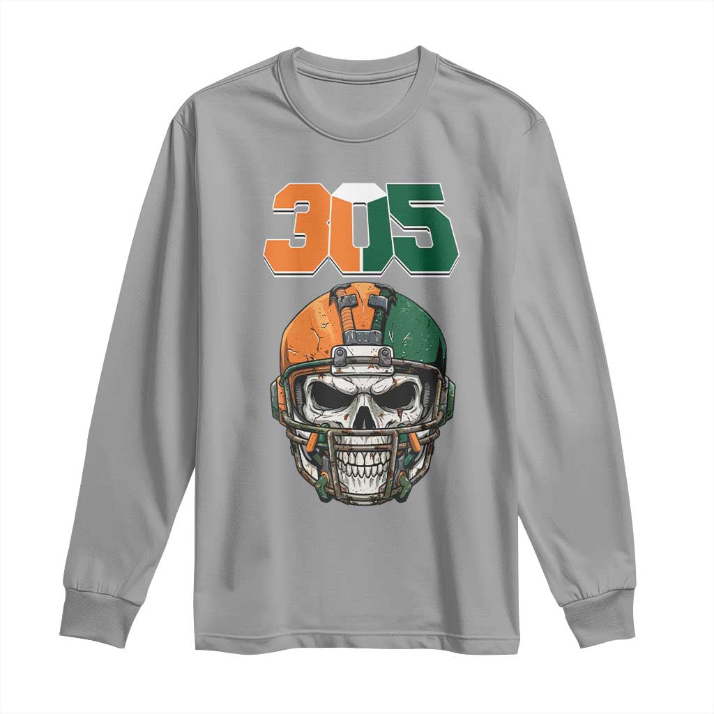 305 Football Warrior Skull Long Sleeve Shirt Orange and Green Miami Vibes