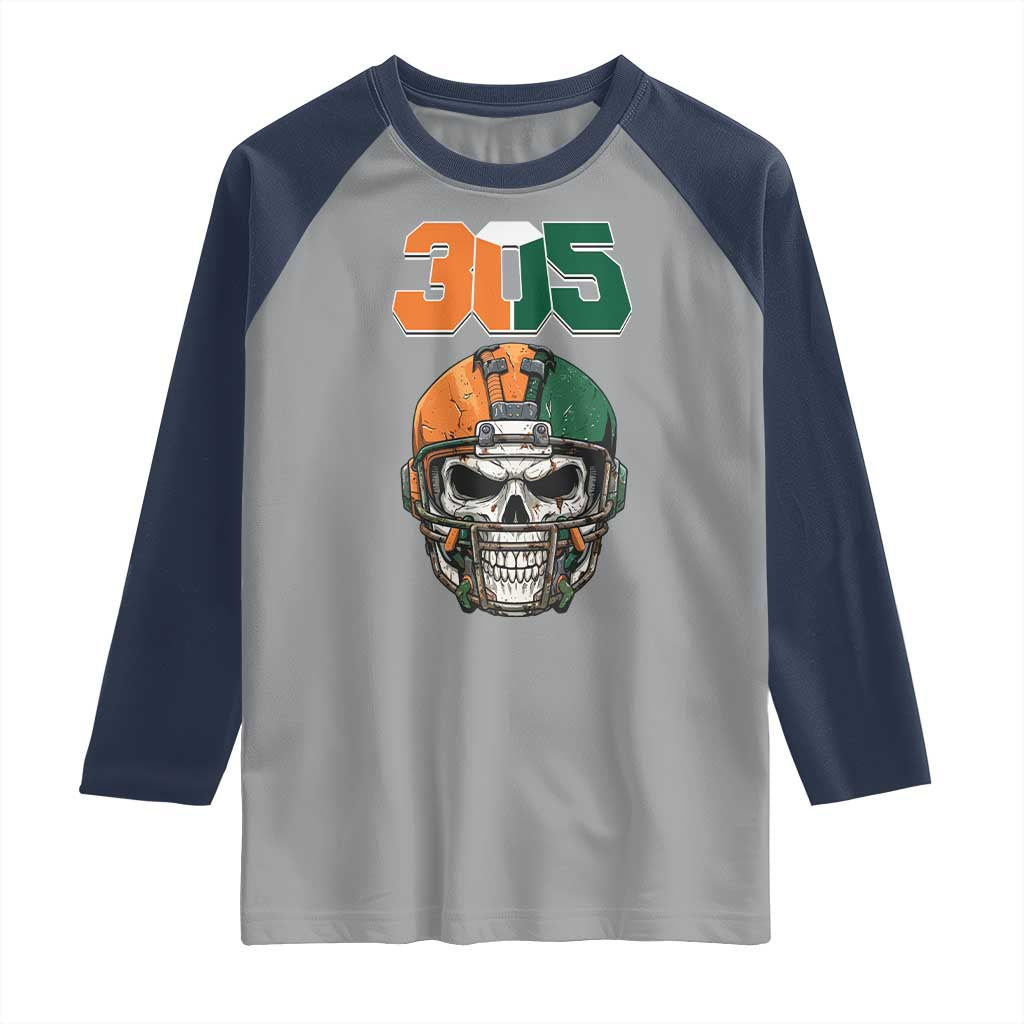 305 Football Warrior Skull Raglan Shirt Orange and Green Miami Vibes