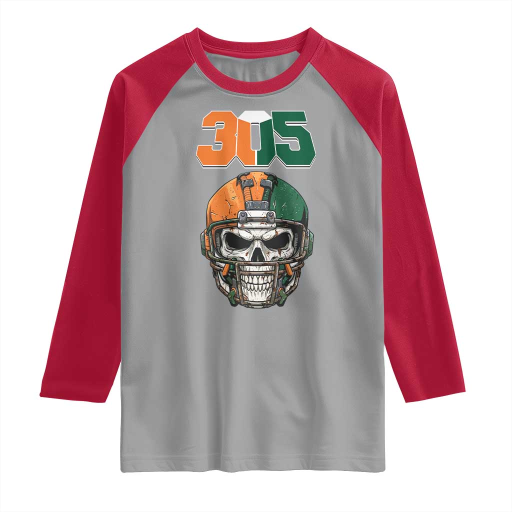 305 Football Warrior Skull Raglan Shirt Orange and Green Miami Vibes