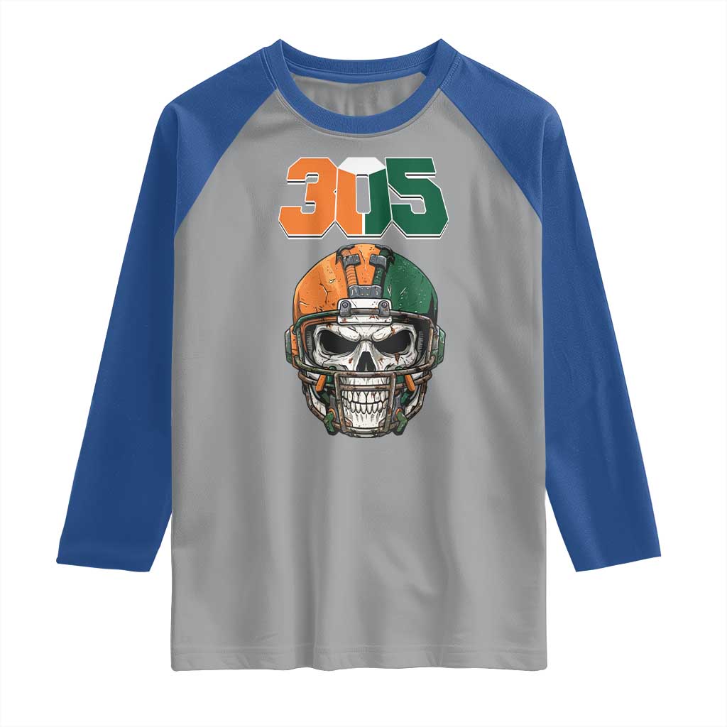 305 Football Warrior Skull Raglan Shirt Orange and Green Miami Vibes