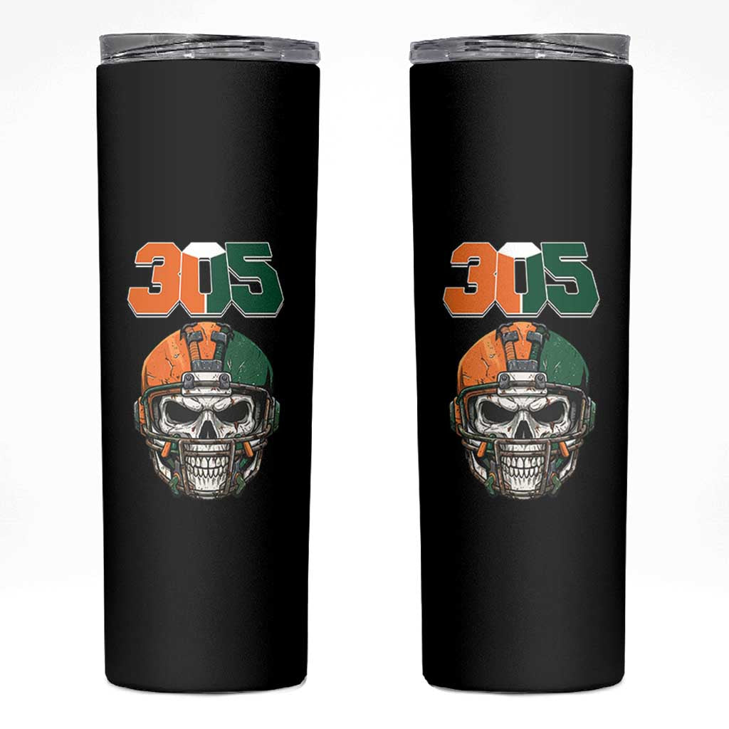 305 Football Warrior Skull Skinny Tumbler Orange and Green Miami Vibes