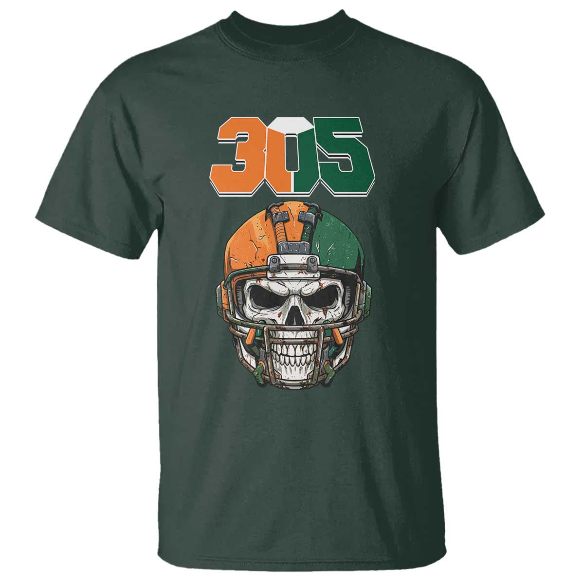 305 Football Warrior Skull T Shirt Orange and Green Miami Vibes