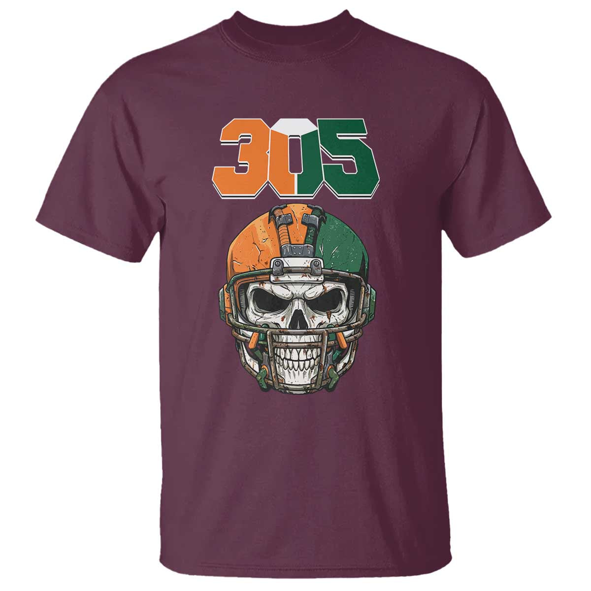 305 Football Warrior Skull T Shirt Orange and Green Miami Vibes