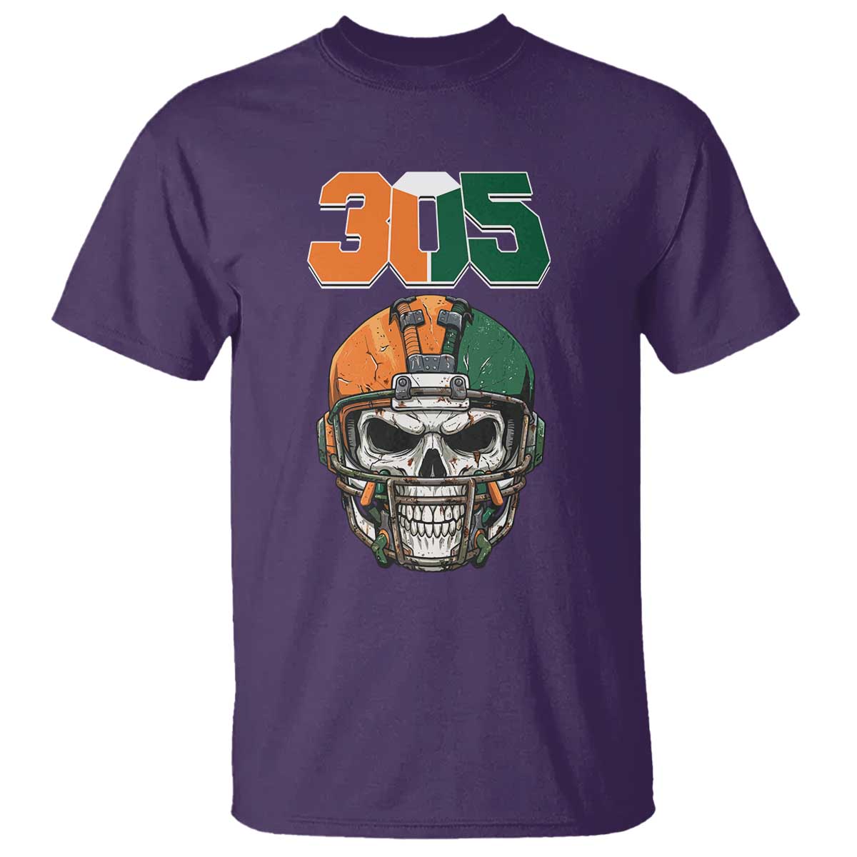 305 Football Warrior Skull T Shirt Orange and Green Miami Vibes