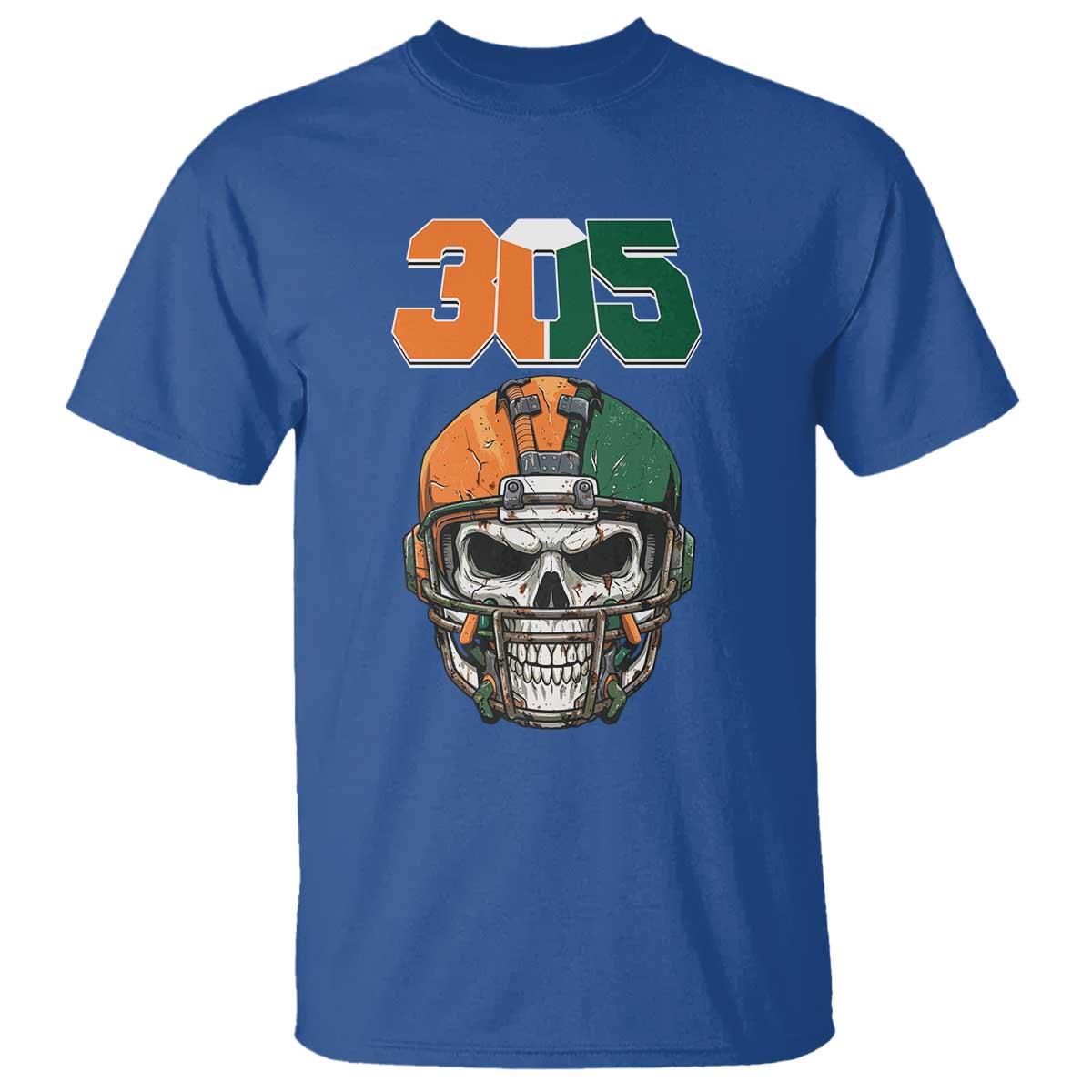305 Football Warrior Skull T Shirt Orange and Green Miami Vibes