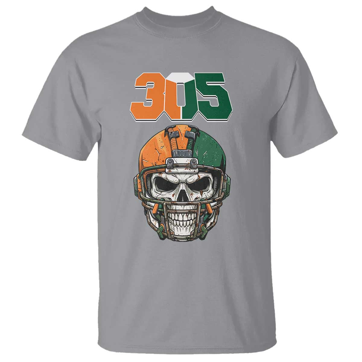 305 Football Warrior Skull T Shirt Orange and Green Miami Vibes