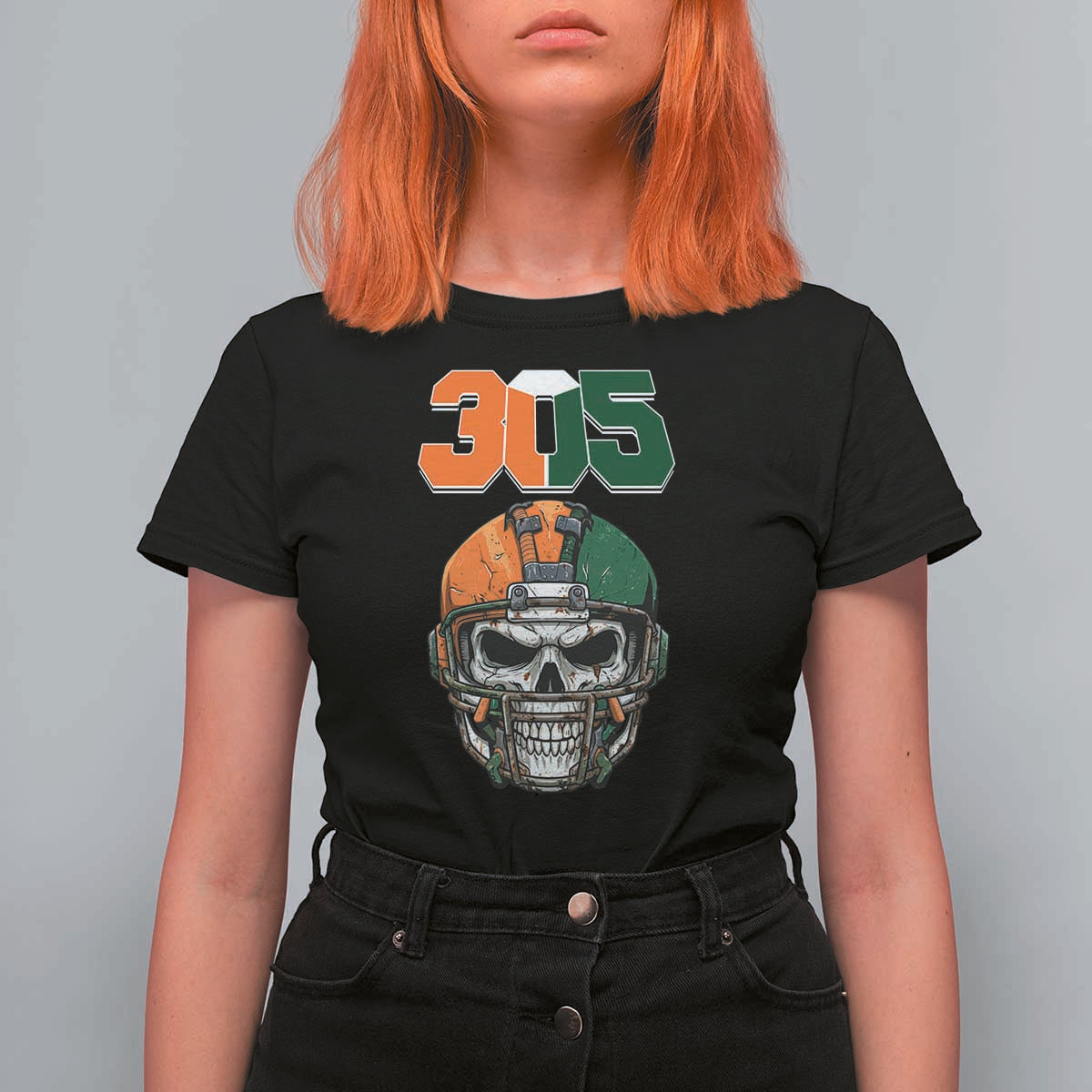 305 Football Warrior Skull T Shirt For Women Orange and Green Miami Vibes