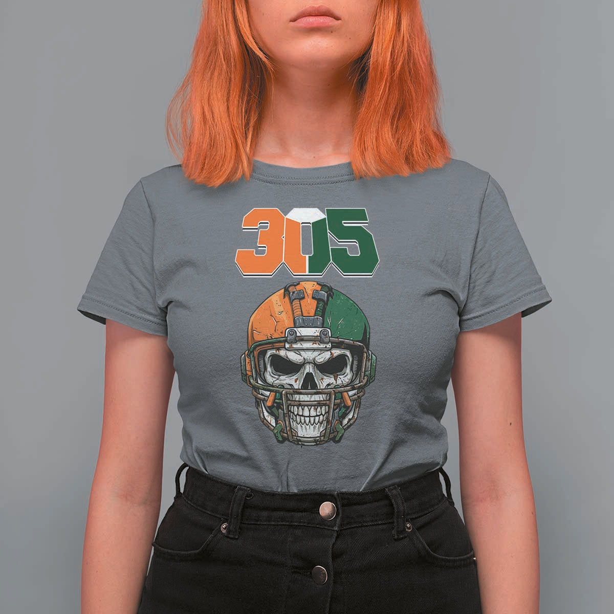 305 Football Warrior Skull T Shirt For Women Orange and Green Miami Vibes