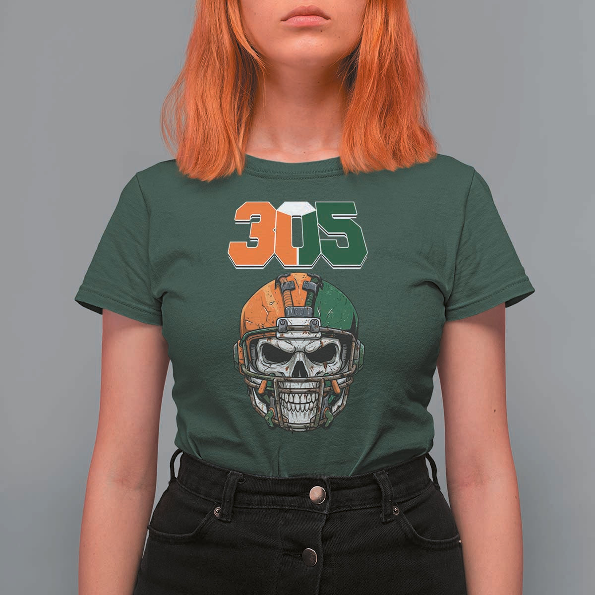 305 Football Warrior Skull T Shirt For Women Orange and Green Miami Vibes