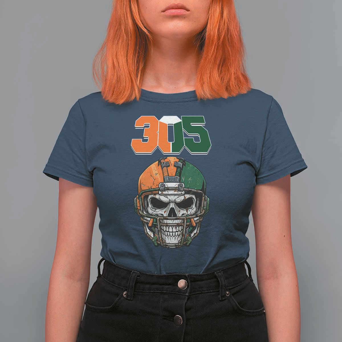 305 Football Warrior Skull T Shirt For Women Orange and Green Miami Vibes