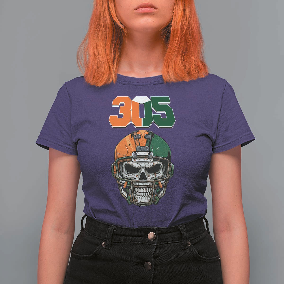 305 Football Warrior Skull T Shirt For Women Orange and Green Miami Vibes