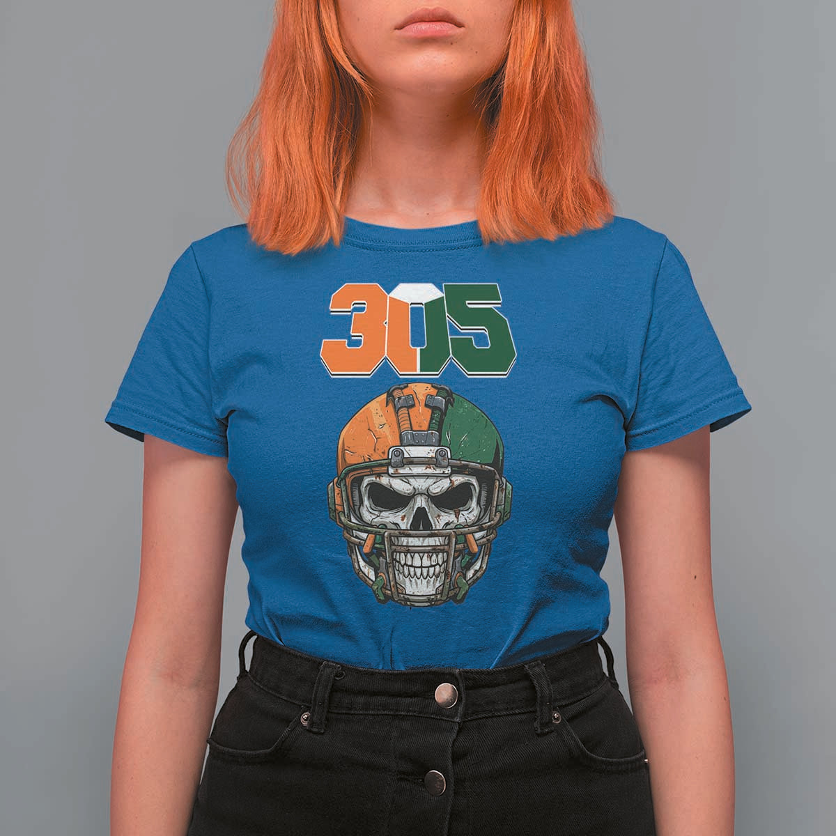 305 Football Warrior Skull T Shirt For Women Orange and Green Miami Vibes