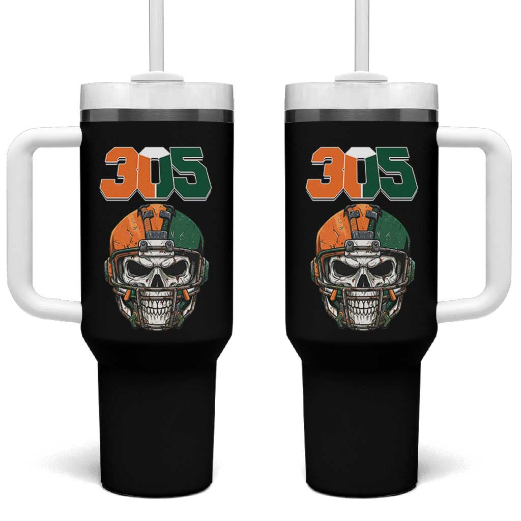 305 Football Warrior Skull Tumbler With Handle Orange and Green Miami Vibes