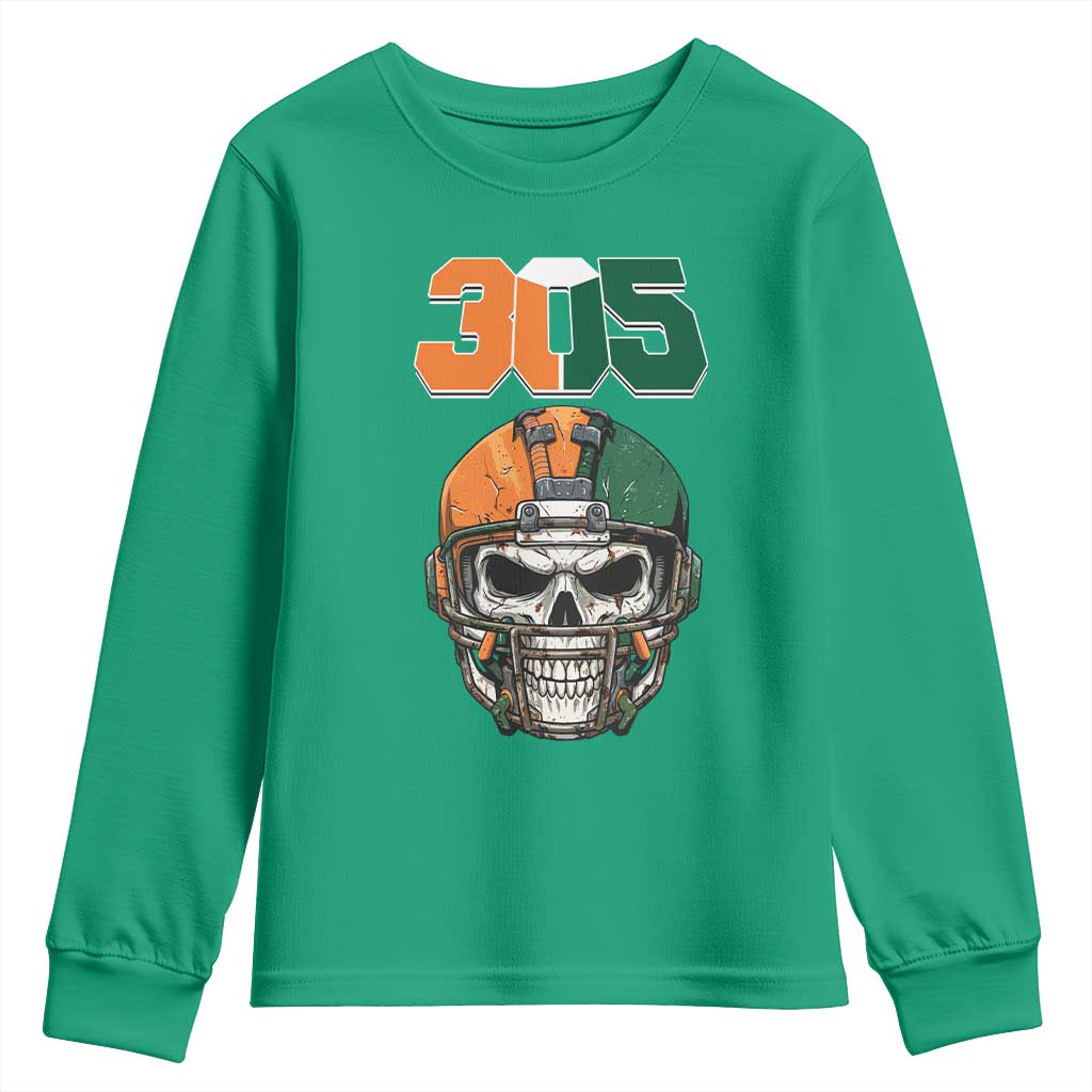 305 Football Warrior Skull Youth Sweatshirt Orange and Green Miami Vibes