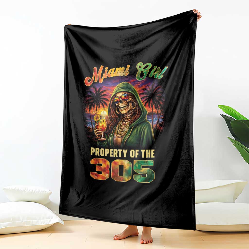 Miami Girl Skeleton Property of the 305 Throw Blanket Tropical City Florida Pride Street Style
