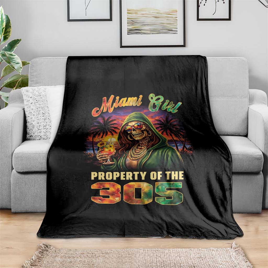 Miami Girl Skeleton Property of the 305 Throw Blanket Tropical City Florida Pride Street Style