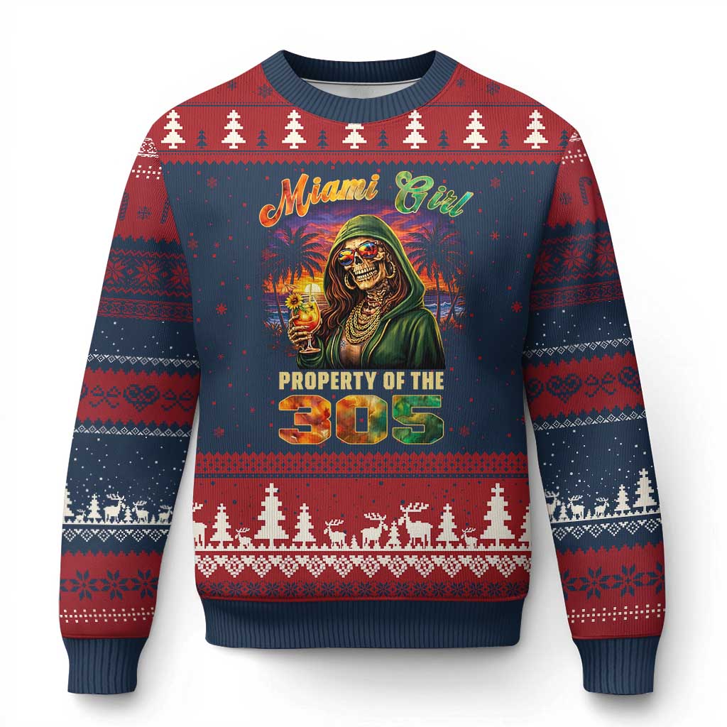 Miami Girl Skeleton Property of the 305 Ugly Christmas Sweater Tropical City Florida Pride Street Style
