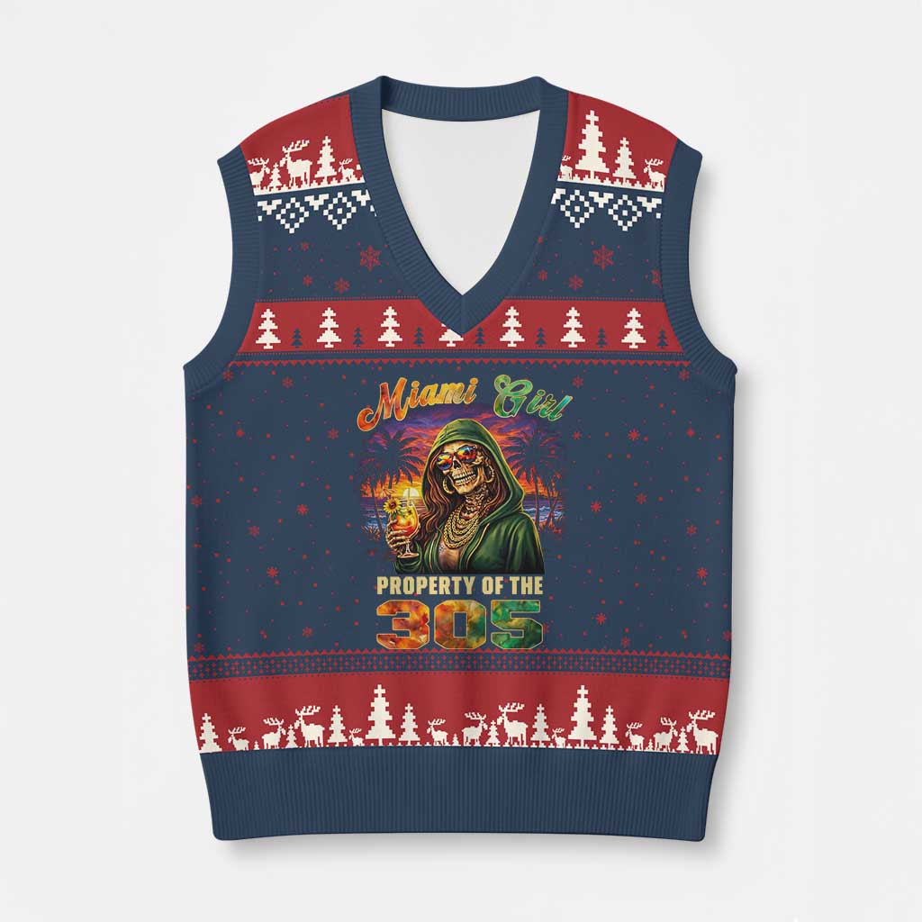 Miami Girl Skeleton Property of the 305 V-Neck Knit Sweater Vest Tropical City Florida Pride Street Style