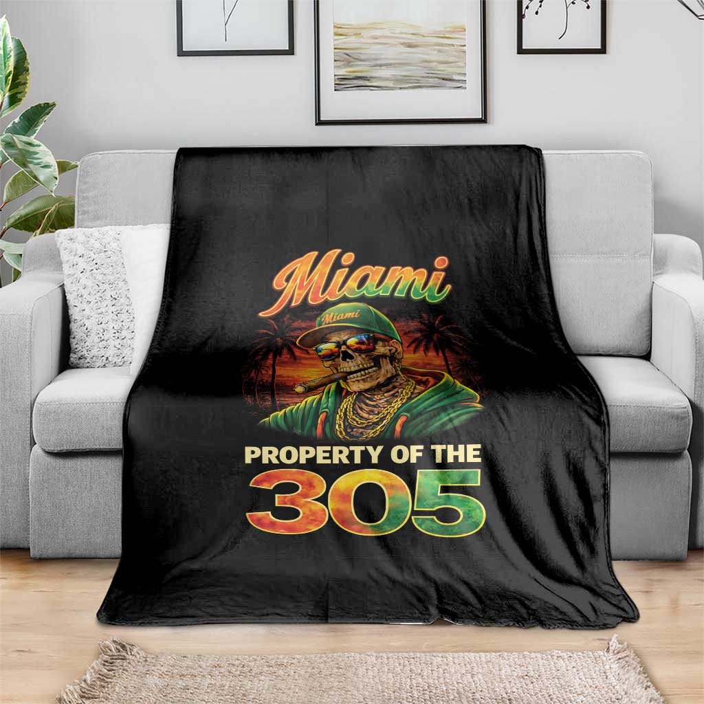 Miami Property of the 305 Skeleton Graphic Throw Blanket Street King with Sunset Florida Swag