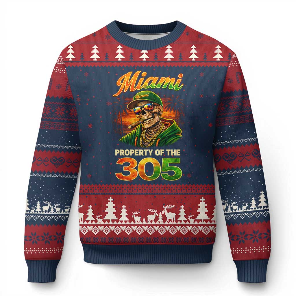 Miami Property of the 305 Skeleton Graphic Ugly Christmas Sweater Street King with Sunset Florida Swag